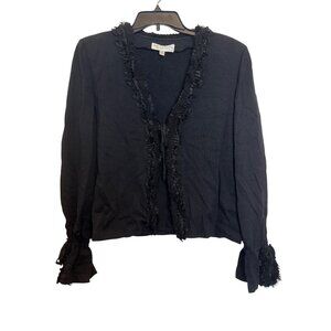 St. John Evening Womens Cardigan Size 14 Black Knit Ruffle Trim Long Sleeve Made
